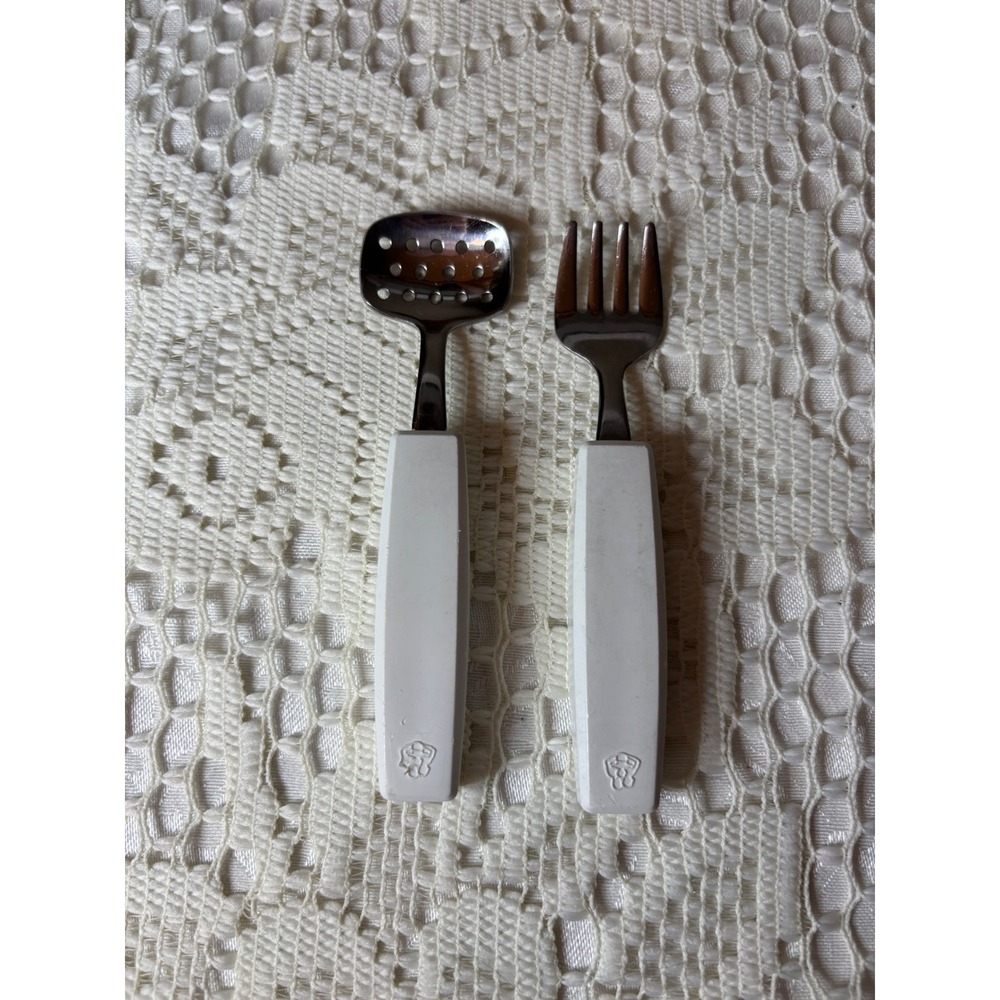 1980s The First Years Baby Spoon Fork Set SS Japan Handle Slotted Perforated